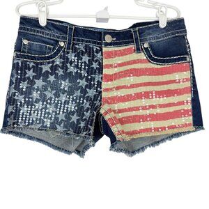 Love, Fire Women's Sequins‎ Patriotic Stretch Blue Shorts Sz 12 Mid Rise Raw Hem